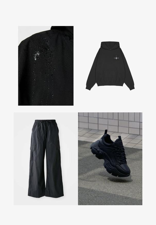 Tissu noir avec des gouttes d'eau perlées et s'écoulant sur la surface, mettant en avant ses propriétés hydrofuges.; Pegador Sweat à capuche - washed black; Pantalons cargo noirs en tissu léger, avec une coupe large, une taille élastique et plusieurs poches latérales. Simples et fonctionnels.; Baskets en cuir noir au design chunky, avec une semelle épaisse, des panneaux texturés et des lacets noirs. Flottant au-dessus d'un pavé gris.