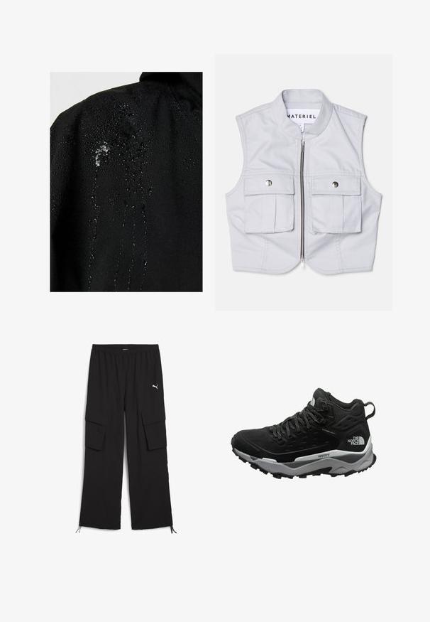 Tissu noir avec des gouttes d'eau perlées et s'écoulant sur la surface, mettant en avant ses propriétés hydrofuges.; Gilet sans manches gris clair en tissu lisse, doté d'une fermeture éclair sur le devant, de deux grandes poches avant et d'un col montant.; Pantalons cargo noirs avec une conception à jambes larges, taille élastique, deux poches latérales et ourlets à cordon de serrage. Présente un petit logo blanc.; Bottes de randonnée noires avec une tige texturée, une semelle intermédiaire grise et une semelle extérieure en caoutchouc présentant des motifs de traction marqués. Design à lacets avec un col rembourré.