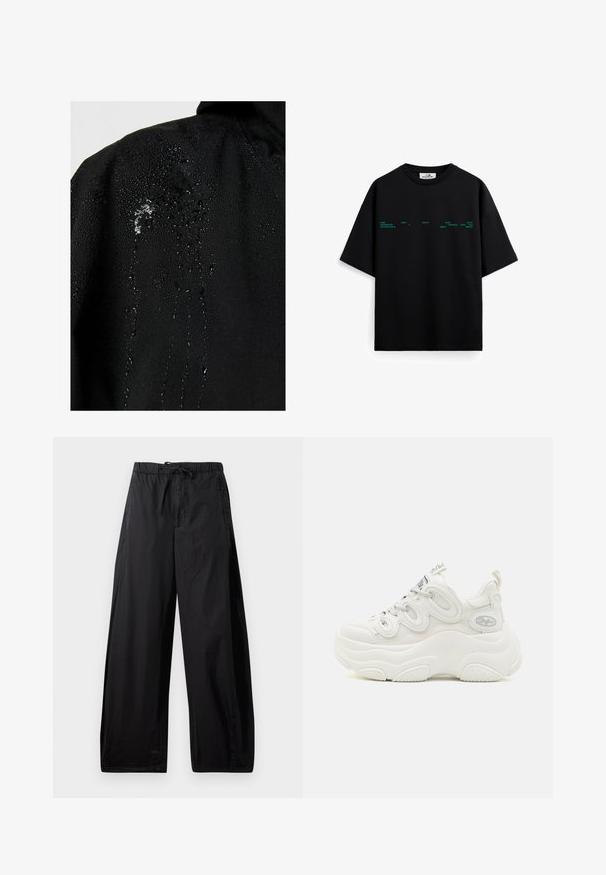 Tissu noir avec des gouttes d'eau perlées et s'écoulant sur la surface, mettant en avant ses propriétés hydrofuges.; T-shirt noir à manches courtes avec un petit texte vert sur la poitrine et un col rond, présenté sur un fond blanc.; Pantalons noirs légers, élastiques à la taille avec un cordon de serrage, présentant une coupe ample et une texture lisse. Sans motifs ni matériel visible.; Baskets blanches chunky avec une tige en mesh et synthétique, forme incurvée, semelle texturée et système de laçage proéminent avec des détails de logo.