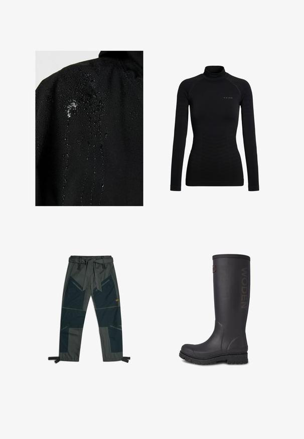 Tissu noir avec des gouttes d'eau perlées et s'écoulant sur la surface, mettant en avant ses propriétés hydrofuges.; Chemise noire à manches longues avec col roulé, en tissu extensible. Présente une coupe ajustée avec des accents côtelés et un petit logo de marque sur la poitrine.; Pantalons avec une ceinture, présentant un mélange de tissus vert foncé et gris, un design de patchwork angulaire, plusieurs poches et des sangles de cheville ajustables.; Botte noire en caoutchouc haute avec finition texturée, logo WODEN sur le côté, et semelle renforcée avec des accents mouchetés.