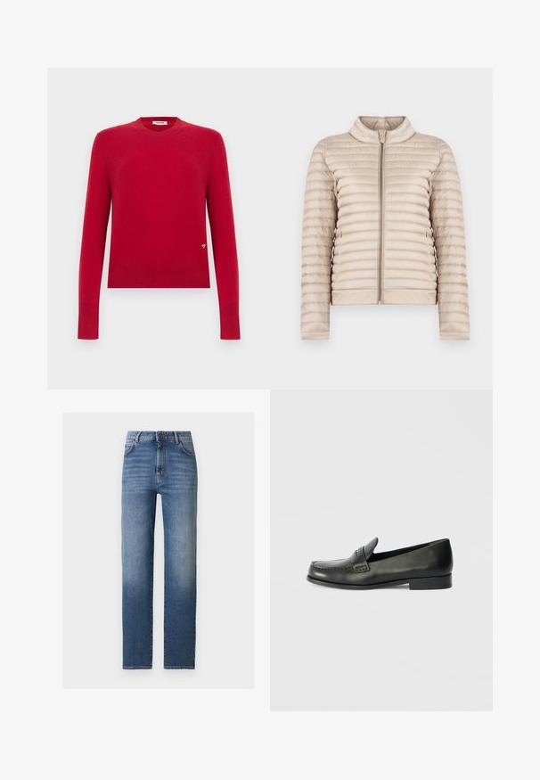 Veste légère matelassée beige avec col montant et fermeture éclair à l'avant, présentée sur un fond blanc uni.; Pull rouge à manches longues avec col rond, bordures côtelées aux poignets et à l'ourlet, doté d'un petit logo triangulaire près du bas sur le côté droit.; Jean bleu moyen taille haute à jambes droites avec bouton frontal, fermeture éclair, et poches avant et arrière sur un fond blanc.; Mocassins en cuir noir avec un bout arrondi, des détails de couture surélevés et un talon bas empilé. Texture lisse avec un éclat subtil.