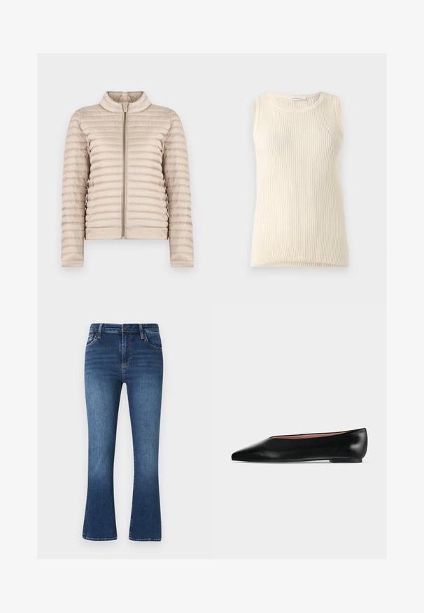 Beige quiltet letvægtsjakke med en opretstående krave og frontlynlås, vist på en ens hvid baggrund.; Ärmløs cremefarvet top med ribbet tekstur og rund halsudskæring. Stoffet ser blødt ud, med en tætsiddende form og ingen synlige mønstre eller accenter.; Mørkeblå flared jeans lavet af denim, med et klassisk fem-lomme design, bælteløkker og subtile falmning detaljer på stoffet.; Sort damesko i læder med flad hæl og spids tå, vist fra siden på en ensfarvet lys grå baggrund.