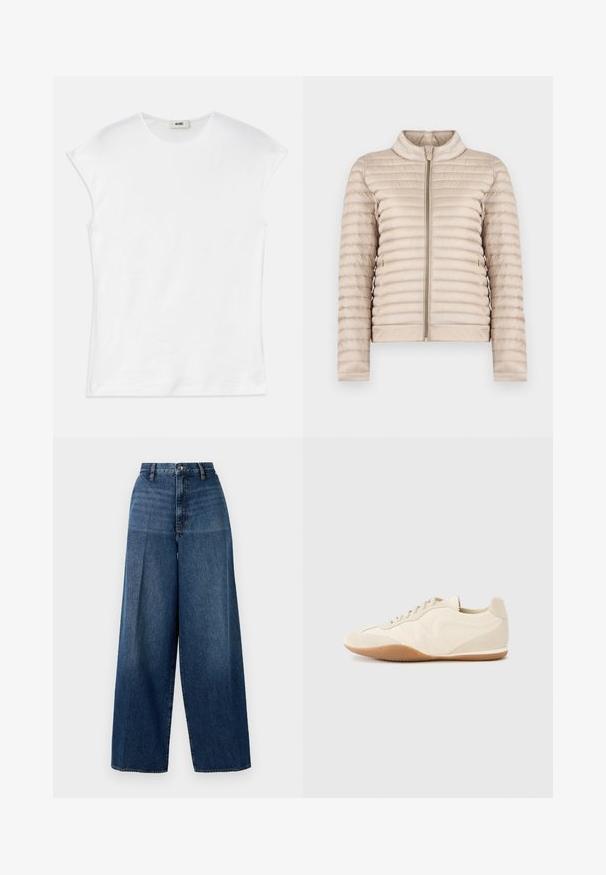 Veste légère matelassée beige avec col montant et fermeture éclair à l'avant, présentée sur un fond blanc uni.; T-shirt blanc à manches courtes en coton. Doté d'un col rond et d'une texture lisse et douce avec une coupe décontractée. Aucun motif ni accent.; Jeans en denim à jambes larges de couleur bleu foncé. Présentent une taille haute, une fermeture à glissière et une décoloration subtile. Fabriqués à partir d'un tissu en coton texturé.; Baskets beige clair avec une tige en cuir texturé, des panneaux latéraux texturés et une semelle en caoutchouc. Dotées d'un design fin et épuré ainsi que de lacets plats.