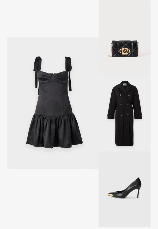 Zwarte dubbelgeknoopt trenchcoat met riem, grote kraag, met knopen verstelbare manchetten en voorzakken met klep, gelabeld Moschino Jeans.; Zwarte jurk met een aansluitende bodice, sweetheart halslijn, schouderbandjes en een uitlopende gerimpelde zoom. Gemaakt van een gladde stof met een matte afwerking.; Zwarte leren hoge hak pump met een spitse neus; heeft een metallic gouden accent op de neuskap. Glad oppervlak met een stijlvolle vormgeving.; Zwarte doorgestikte leren handtas met gouden kettingriem en gouden Love Moschino-logo aan de voorkant in het midden.