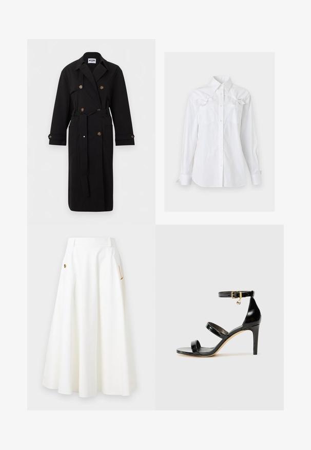Zwarte dubbelgeknoopt trenchcoat met riem, grote kraag, met knopen verstelbare manchetten en voorzakken met klep, gelabeld Moschino Jeans.; Witte blouse met lange mouwen, knoopsluiting, kraag en twee borstzakken, elk voorzien van een decoratieve strik vlak bij de bovenkant.; Witte A-lijn midi rok met zijzakken, gouden ketting en decoratieve knoopdetails, en riemlussen bij de taille.; Zwarte gepatineerde leren sandaal met drie banden, enkelgesp en 10 cm hoge stiletto hak. Bevat gouden hardwaredetails en een logo charm.
