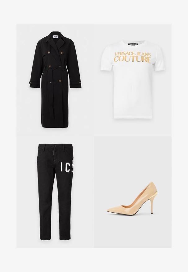 Sort dobbeltradet trenchcoat med bælte, stor krave, knappede manchetter og forlommer, mærket Moschino Jeans.; Hvid T-shirt med korte ærmer og guldtekst "VERSACE JEANS COUTURE" trykt hen over brystet.; Sorte denim jeans med slim fit. Har hvid grafisk tekst på fronten, fem lommer og knaplukning. Glat tekstur.; Beige laklæder pumps med høje hæle, spids tå og slank stiletthæl, med en lille guldaccent bagpå.