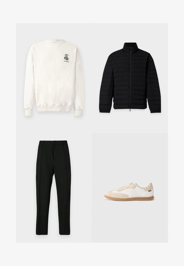 Veste noire à fermeture éclair intégrale, col montant, manches longues, poignets élastiques et motif subtil répétitif "AX" sur toute la surface.; Sweatshirt en coton blanc avec col rond, poignets et ourlet côtelés, arborant un graphique de serpent noir et le texte "HAN KJØBENHAVN" sur la poitrine.; Pantalons noirs à texture lisse, avec un devant plat, deux plis verticaux et une coupe fuselée. Taille élastique pour plus de confort.; Baskets blanches avec accents en daim beige clair, détails perforés, lacets plats et semelle en caoutchouc naturel. Présentent un logo rayé sur le talon.