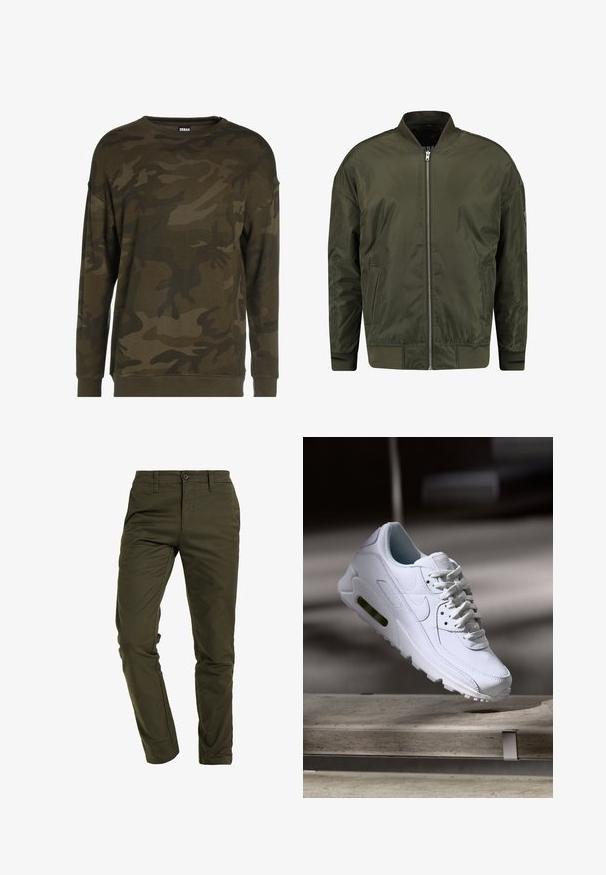 Olive rohelise värvi bomber-jakk, mis on valmistatud siledast kangast, esifailiga, sooniku mansettidega ja klassikalise kraetuks disainiga.; Roheline kamuflaažipullover pikkade varrukatega, ümar kaelus ja soonikuga mansetid. Valmistatud pehmest kangast, millel on erinevad rohelised ja pruunid mustrid.; Oliivrohelised chinos, mis on valmistatud vastupidavast puuvilla segust, omavad slim-fit lõiget, lamedat esiosa, standardsed taskud ja turvalist nööp-kinnitust.; Valge nahast tennisete õhustuskujuga pinnad, pehmendustega krae ja nähtav õhuklapp tallas. Omab paelu ja minimaliseeritud disaini.