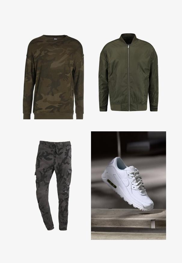 Olivovo zelená bomber bunda vyrobená z hladkej tkaniny, s predným zipsom, ribovanými manžetami a klasickým bezgolierovým dizajnom.; Zelený maskáčový sveter s dlhými rukávmi, okrúhlym výstrihom a rebrovanými manžetami. Vyrobený z jemnej látky so zvonivými vzormi v rôznych odtieňoch zelenej a hnedej.; Maskáčové cargo nohavice v tmavo šedej farbe s voľným strihom, obsahujúce šnúrku v páse, bočné vrecká a hladký bavlnený materiál.; Biele kožené tenisky s textúrovanými povrchmi, polstrovaným golierom a viditeľným vzduchovým odpružením v podrážke. Majú šnúrky a minimalistický dizajn.