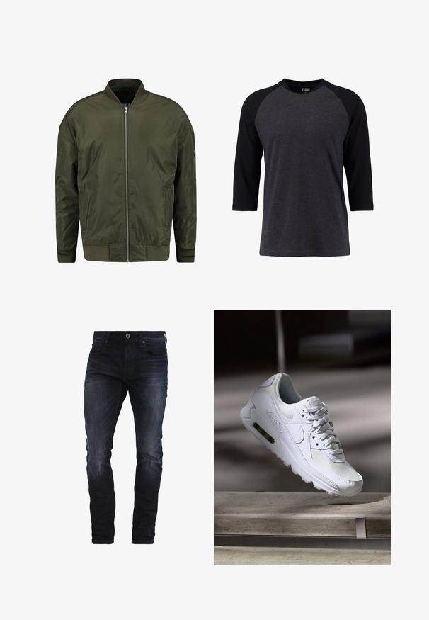 Veste bomber vert olive en tissu lisse, avec fermeture éclair devant, poignets côtelés et un design classique sans col.; T-shirt à manches trois-quarts en gris foncé avec des manches raglan noires. Tissu en mélange de coton, col rond, design simple sans graphiques.; Jeans slim-fit bleu foncé avec un léger délavage sur les cuisses et les genoux, dotés de poches avant, de passants de ceinture et d'une fermeture à bouton.; Sneaker Nike Air Max 90 blanche avec une tige en mesh et cuir, une boîte à orteils perforée et une unité air visible au talon.