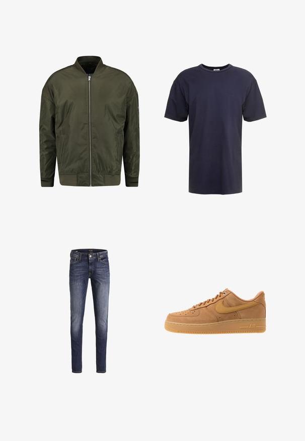 Oliven grøn bomberjakke lavet af glat stof, med frontlynlås, ribbede manchetter og et klassisk kravefrit design.; Marineblå bomulds T-shirt med rund hals, korte ærmer og en afslappet pasform uden synlige mønstre eller hardware.; Mørkeblå slim-fit jeans med let falmning på lår og knæ, med forlommer, bæltestropper og knaplukning.; Nike Sportswear AIR FORCE 1 07 - Sneakers - flax/wheat/light brown/black/team gold