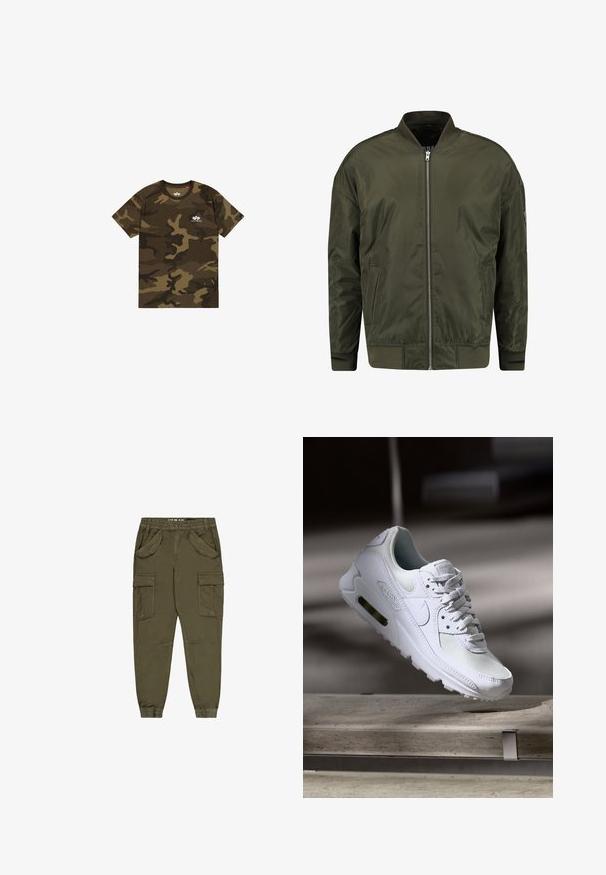 Veste bomber vert olive en tissu lisse, avec fermeture éclair devant, poignets côtelés et un design classique sans col.; T-shirt camouflage en vert olive, marron et noir, à manches courtes, col rond, avec un petit logo blanc sur la poitrine. Matière en coton doux.; Pantalon cargo vert olive en mélange de coton, avec une taille élastique, plusieurs poches avant et des poignets effilés aux chevilles.; Sneaker Nike Air Max 90 blanche avec une tige en mesh et cuir, une boîte à orteils perforée et une unité air visible au talon.