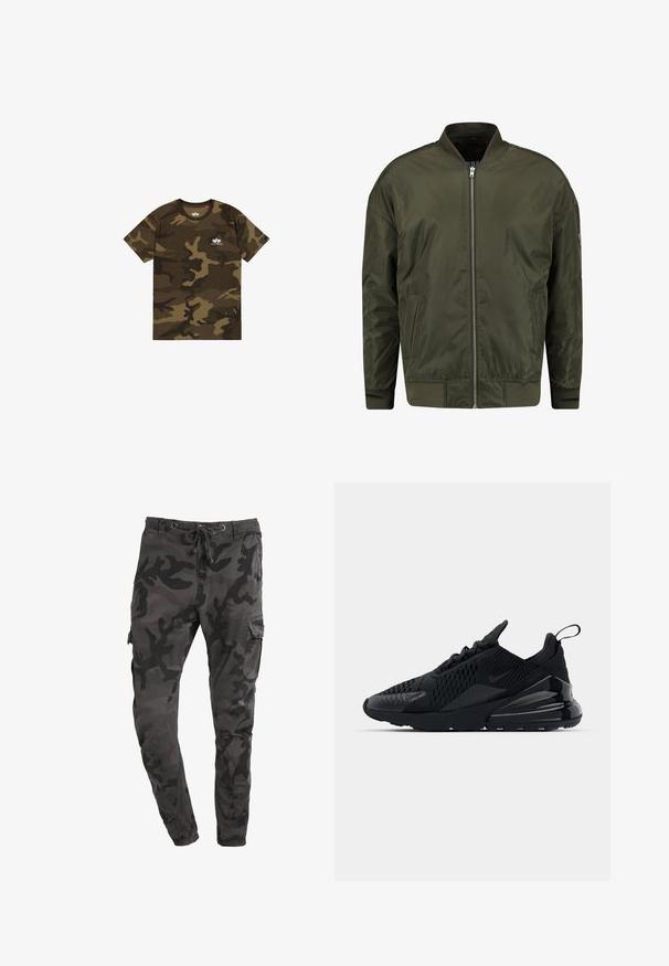 Olijfgroene bomberjack gemaakt van gladde stof, met een ritssluiting aan de voorkant, geribbelde manchetten en een klassiek collarloos ontwerp.; Camo t-shirt in olijfgroen, bruin en zwart, met korte mouwen, ronde halslijn, voorzien van een klein wit logo op de borst. Zacht katoenen materiaal.; Camo cargobroeken in donkergrijs met een relaxte pasvorm, voorzien van een trekkoord in de taille, zijzakken en een gladde katoenen textuur.; Zwarte Nike Air Max 270 sneaker met een textuur bovenwerk, mesh panelen en een glanzende hiel met een prominente luchtkusseneenheid.