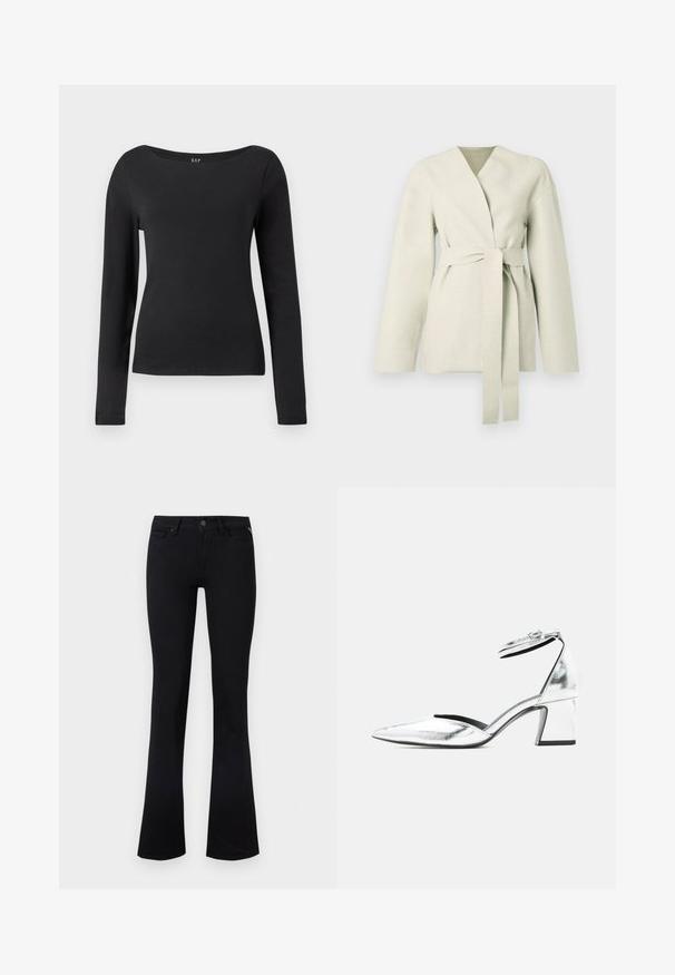 Veste gris clair style kimono en tissu doux. Présente un col en V, des manches longues, et une ceinture assortie à nouer à la taille.; Chemise noire à manches longues ajustée avec un large col rond, présentée sur un fond blanc uni.; Jean évasé taille haute noir avec cinq poches et une fermeture boutonnée, présenté sur un fond clair uni.; Chaussure à talon bloc bas métallisé argenté avec bout pointu et bride à la cheville à boucle sur fond blanc.