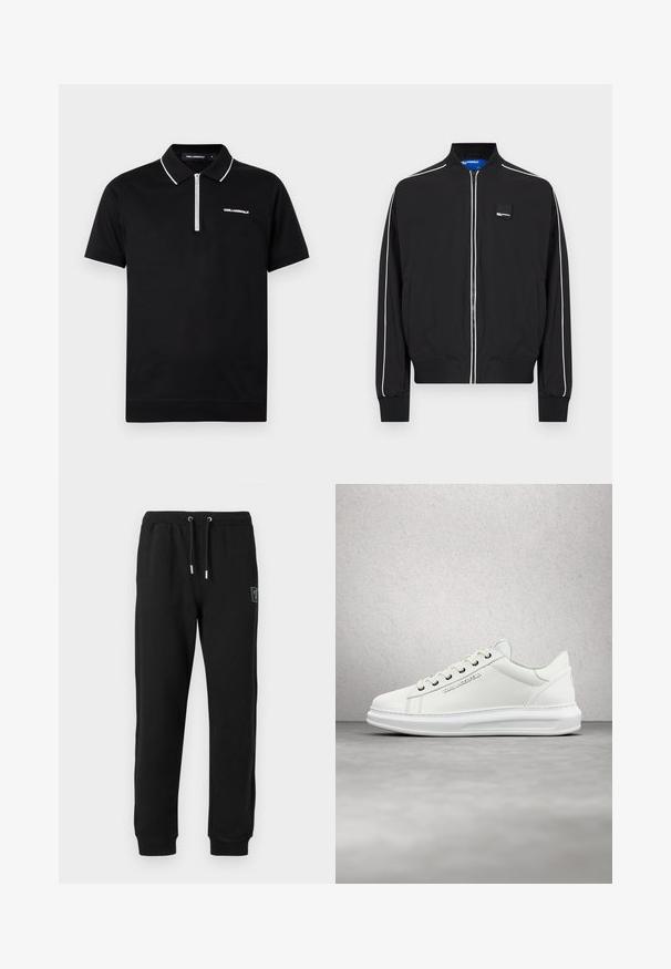 Chaqueta bomber negra con cremallera y ribetes blancos en las mangas y el frente, puños y cuello acanalados, y un pequeño parche con logo en el pecho.; Polo negro de manga corta con ribetes blancos en el cuello y las mangas, cierre frontal con media cremallera y logo "KARL LAGERFELD" en el pecho.; Pantalones de chándal negros hechos de un tejido suave que cuentan con una cintura elástica con cordón, bolsillos laterales y puños ajustados en los tobillos.; Zapatilla de cuero blanca con punta redonda, textura suave, que presenta cordones en color blanco roto, ojales de plata y un logo en relieve en el lateral.