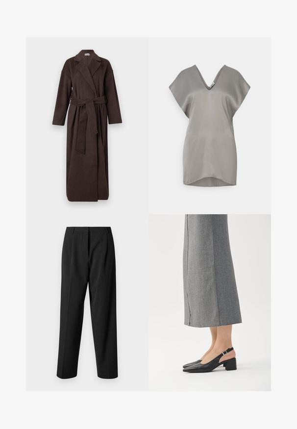 Bruine wikkeljas van tekstiel met een structuur, voorzien van een notch-kraag, lange mouwen en een bijpassende riem die op de taille is geknoopt.; Grijze zijden blouse met een V-hals, korte cape-mouwen en een ronde zoom. De stof heeft een gladde, glanzende textuur.; Zwarte op maat gemaakte broek met een recht model, voorzien van een textuurstof, voorplooien en een gladde tailleband.; Zwarte leren slingback schoenen met een puntige neus, blokhak en een contrasterend roze hielaccent. Gladde textuur met een minimalistisch ontwerp.