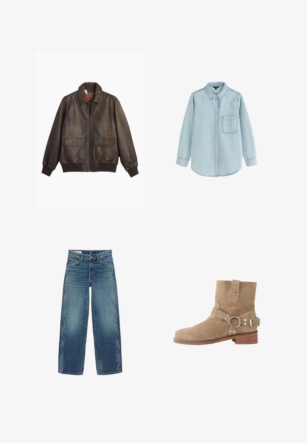 Verkeerd bruin lederen jack met een rits aan de voorkant, twee voorzakken, geribbelde manchetten en een klassieke kraag. Glad oppervlak met een iets verouderde afwerking.; Lichtblauw denim overhemd met lange mouwen en knopen, voorzien van een enkele borstzak en een opgevouwen kraag, plat neergelegd op een witte achtergrond.; Blauwe jeans met wijde pijpen en geborduurde spiraalpatronen, omlijnd met kleine kralen langs de buitenste naden van beide pijpen.; Beige suède enkellaarsje met een afgeronde neus, een verstelbare band met metalen ring en een lage houten hak. Overal een gladde textuur.