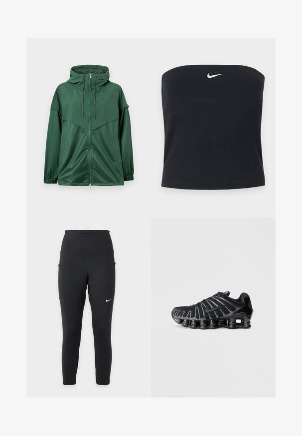 Grøn atletisk jakke med fuld lynlås, snøre i hætten, elastiske manchetter og kontrastpaneler. Fremstillet af glat, let materiale.; Sort Nike strapless tube top med hvid Swoosh-logo centreret nær den øverste kant, ensfarvet baggrund.; Sorte Nike leggings med høj talje med sidelommer og et lille hvidt Nike swoosh på højre lår.; Sort sportssko med en tekstureret mesh-overdel og en karakteristisk klodset sål med afrundede sektioner. Snørebånd og forstærket hæl for støtte.