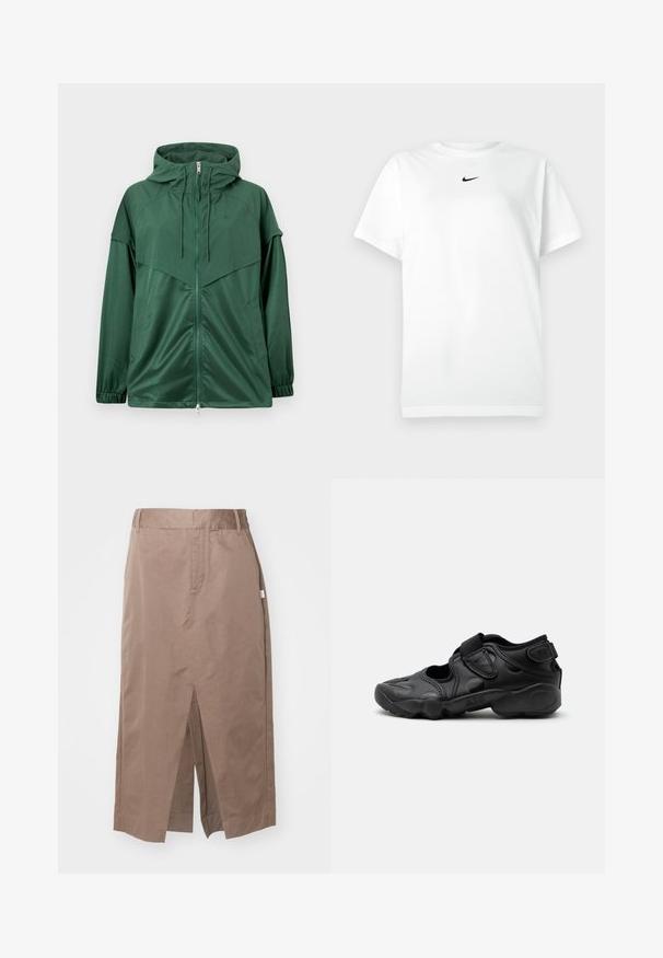Chaqueta deportiva verde con cremallera completa, capucha con cordón, puños elásticos y paneles en contraste. Fabricada con material suave y ligero.; Camiseta de manga corta blanca con cuello redondo y pequeño logo de Nike en negro centrado debajo del escote.; Falda de algodón marrón con un diseño recto, que presenta una abertura frontal, bolsillos laterales y una cintura estándar. Textura suave y costuras ajustadas.; Sandalia deportiva negra con puntera cerrada, correas de velcro en la parte media del pie y el talón, y suela gruesa acolchada con la marca "AIR" en el lateral.