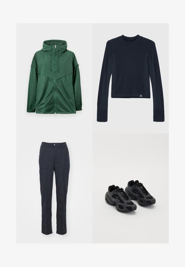 Chaqueta deportiva verde con cremallera completa, capucha con cordón, puños elásticos y paneles en contraste. Fabricada con material suave y ligero.; Camiseta de manga larga azul marino con textura de canalé, con acentos de puntos a lo largo de las mangas y un cuello alto. Logo de la marca en la parte inferior izquierda.; Pantalones oscuros de color marino con corte recto, que cuentan con dos bolsillos frontales, cierre de botón y una textura de tela suave.; Zapatillas Nike negras con paneles de malla y gamuza, cortes únicos y cuellos acolchados. Los acentos brillantes en los costados destacan un diseño moderno.