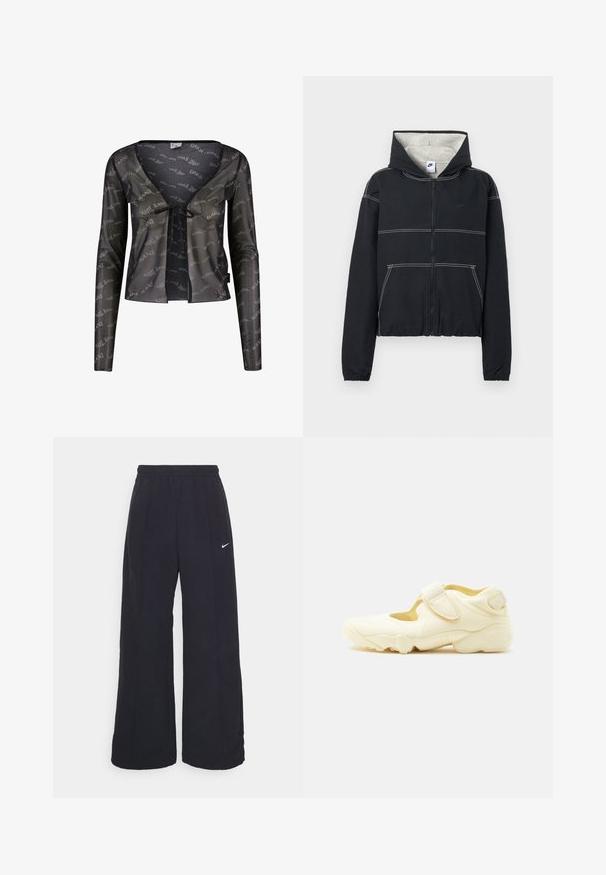 Chaqueta negra con capucha y cremallera, forro gris claro, puños elásticos, detalles de costuras blancas y un pequeño logotipo en el pecho.; Cárdigan negro semitransparente con mangas largas, escote en V profundo, cierre atado y un patrón de logotipo "Karl Kani" en toda la prenda.; Pantalones de pierna ancha negros con una cintura elástica y un pequeño logo blanco de Nike. La tela tiene una textura suave, diseñada para la comodidad y el uso casual.; Zapatilla deportiva beige con suela gruesa, diseño con recortes y dos correas ajustables de velcro sobre fondo blanco.