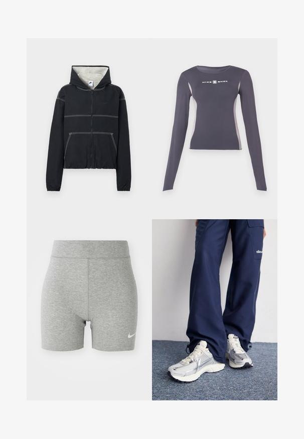 Čierna bunda na zips s kapucňou, so svetlosivou podšívkou, elastickými manžetami, bielymi švami ako akcentmi a malým logom na hrudi.; Tmavošedý dlhý rukáv priliehavý športový top s svetlošedými bočnými panelmi a bielym logom "Nike Shox" na hrudi.; Šedé športové šortky vyrobené z mäkkej tkaniny, s vysokým pásom a malým bielym logom Nike na dolnej ľavej strane.; Športové topánky Nike s strieborným sieťovaným zvrškom, bielymi detailmi a textúrovanými podrážkami, skombinované s voľnými námorníckymi nohavicami.