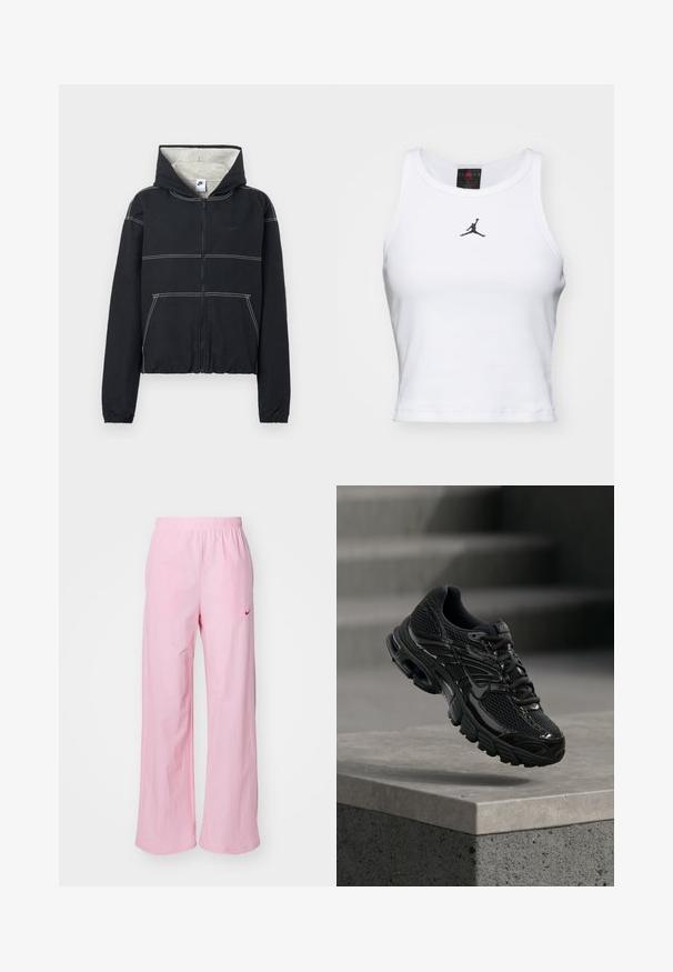 Schwarze Kapuzenjacke mit Reißverschluss, hellgrauem Futter, elastischen Bündchen, weißen Steppnähten und kleinem Logo auf der Brust.; Weißes Crop-Top aus Baumwolle mit geripptem Struktur. Verfügt über ein schwarzes Jordan-Logo in der Mitte und einen klassischen Rundhalsausschnitt.; Rosa Hosen mit elastischem Bund und lässiger Passform. Sie verfügen über ein rotes Logo auf der linken Seite und eine glatte, leichte Textur.; Schwarzer Nike Laufschuh mit Mesh- und Synthetik-Obermaterial, der über einer Betonfläche und Treppen im Hintergrund schwebt.
