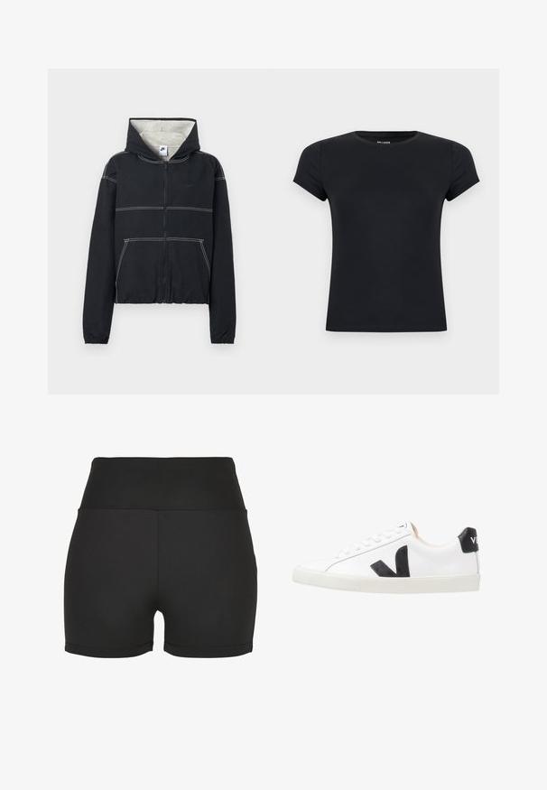 Schwarze Kapuzenjacke mit Reißverschluss, hellgrauem Futter, elastischen Bündchen, weißen Steppnähten und kleinem Logo auf der Brust.; Schwarzes, kurzärmeliges, tailliertes T-Shirt mit Rundhalsausschnitt und dezentem Markenlabel innen im Kragen vor weißem Hintergrund.; Schwarze, hoch taillierte Sportshorts aus glattem, dehnbarem Material. Mit glatten Nähten und einem figurbetonten Design, ideal für Sportbekleidung.; Weißer Sneaker mit einem schwarzen V-Logo, ausgestattet mit einem glatten Lederoberteil, runder Zehenpartie, Schnürverschluss und kontrastierendem schwarzen Fersenbereich.