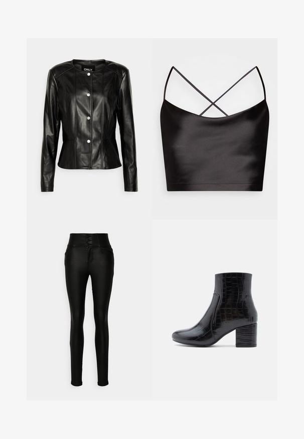 ONLY Tall ONLSARA JACKET - Imitatieleren jas - black; Even&Odd by Zalando Top - black; Vero Moda Tall VMDONNA SKINNY PANTS - Jeans Skinny Fit - black; Zwarte enkellaars gemaakt van glanzend krokodillenprintleer. Voorzien van een ronde neus en een dikke blokhak. Gladde textuur en slank ontwerp.