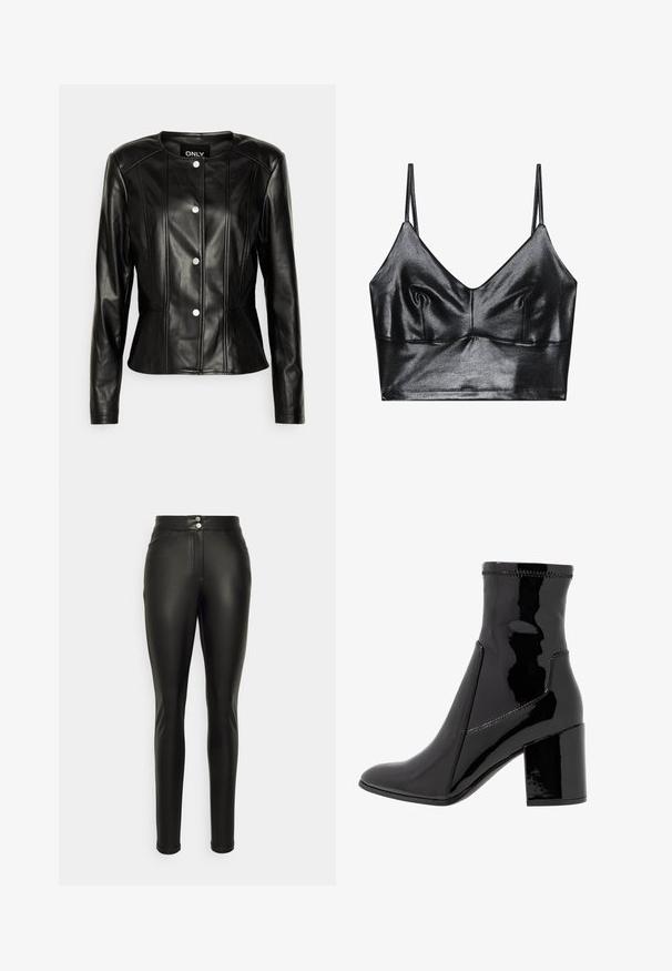 ONLY Tall ONLSARA JACKET - Imitatieleren jas - black; Zwarte, glanzende bralette met dunne verstelbare bandjes, met een V-halslijn, een gladde textuur en subtiele plooitjes bij de buste voor vorm.; Zwarte faux leren skinny broek met een hoge taille, voorzien van twee voorkruiden en een knoopsluiting in de taille. Gladde structuur.; Zwarte patenten enkellaarsjes met een gladde textuur, een spitse neus en een gestructureerde blokhak. Heeft een ritsvrije ontwerping en contrasterende stiksels.