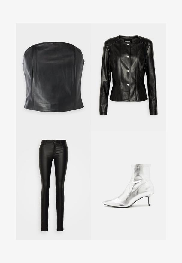 ONLY Tall ONLSARA JACKET - Μπουφάν από συνθετικό δέρμα - black; Μαύρο δερμάτινο τοπ χωρίς τιράντες με εφαρμοστή σχεδίαση, ομαλή υφή και διακριτές ραφές κατά μήκος του σώματος για μια κομψή εμφάνιση.; ONLY Tall ONLHELLA REG - Jeans Skinny Fit - black; Ασημί μεταλλική μπότα μέχρι τον αστράγαλο με μυτερή μύτη και λεπτό τακούνι. Διαθέτει εφαρμογή που αγκαλιάζει το πόδι και λείο, γυαλιστερό υλικό. Ραφές στην επάνω πλευρά.