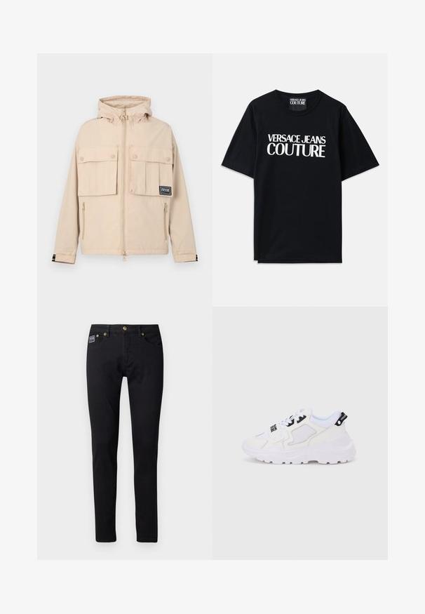Beige Kapuzenjacke mit zwei vorderen Taschen mit Klappen und einer seitlichen Reißverschlusstasche, versehen mit einem schwarzen Logo-Patch und einem glatten, wasserabweisenden Stoff.; Schwarzes Baumwoll-T-Shirt mit kurzen Ärmeln, das auf der Vorderseite den großen weißen Text "VERSACE JEANS COUTURE" trägt. Klassisches Rundhalsdesign.; Schwarze Denim-Jeans mit schlanker Passform, ausgestattet mit goldfarbenen Hardware-Elementen, fünf Taschen und einem kleinen Markenlabel an der rechten Tasche.; Weiße Sportsneaker mit klobiger Sohle, Obermaterial aus Mesh und Synthetik, schwarzen Akzentdetails und Schnürsenkeln. Strukturierte Gestaltung und Logo an der Ferse.
