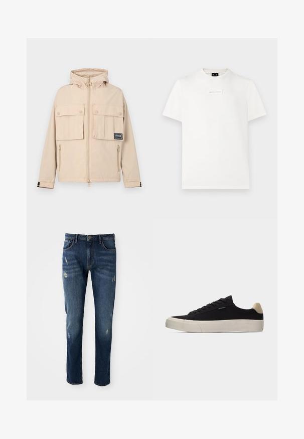 Beige kapuutsiga jakk kahe ees oleva klapi taskuga ning külgtaskuga, millel on must logo ja sile, veekindel kangas.; Valge lühikeste varrukatega Armani Exchange t-särk, mille rinnal on väike ristkülikukujuline logo ja must kaeluslabel.; Tumed sinised teksad kitsas lõikega, kerge kulumine reitel ja põlvili, klassikaline viie tasku disain ja nupuga kinnitus.; Must madal tennisking beezha kannaosas, valge paks kummipõhi, mustad paelad ja väike "PS Paul Smith" silt küljel.