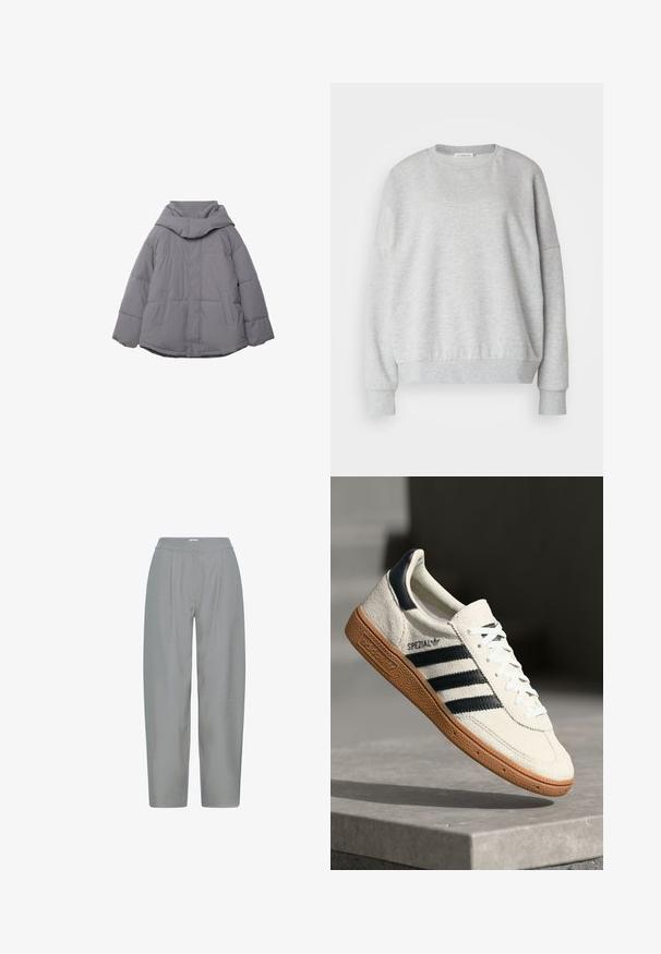 Veste à matelassage grise avec un col haut, deux poches avant et des poignets élastiques. Le matériau semble lisse avec une texture matelassée.; Sweatshirt gris clair en tissu doux, avec un col rond, des épaules tombantes et des poignets et un ourlet côtelés pour une coupe décontractée.; Pantalon gris clair à taille haute, devant plissé, jambes larges et droites, texture de tissu lisse. Pas de poches apparentes ni d'ornements.; Baskets en daim blanc avec des bandes navy, semelle en caoutchouc gomme, tige texturée, bout rond et lacets ; arbore un logo sur le côté et sur la languette.