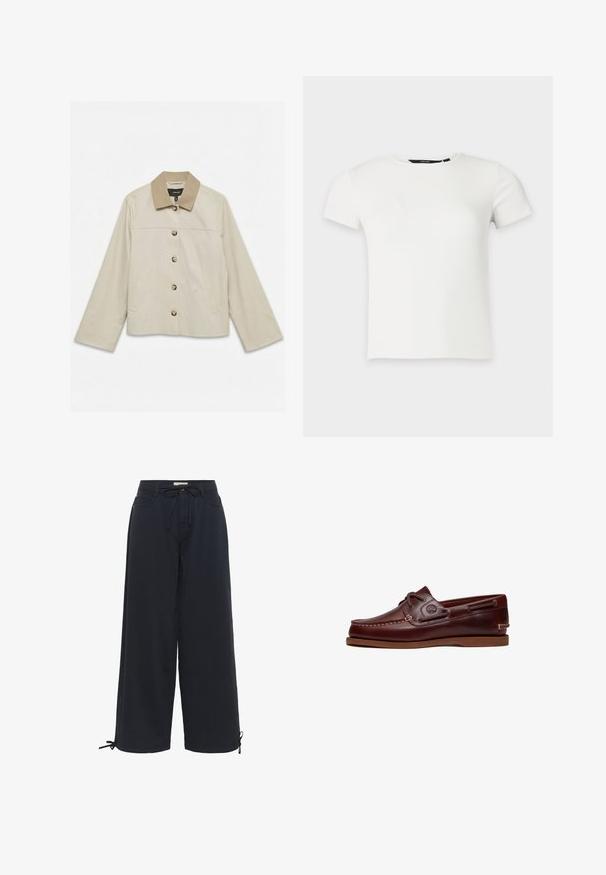 Veste beige clair avec col contrastant couleur camel, fermeture boutonnée devant, manches longues et deux poches latérales.; T-shirt blanc à manches courtes en maille côtelée avec col rond, présenté sur un fond uni gris clair.; Pantalon court large noir avec poches avant, taille à cordon et liens ajustables aux ourlets des chevilles.; Chaussure bateau en cuir marron avec lacets, détails de couture et logo Timberland sur le côté, présentée sur un fond blanc.