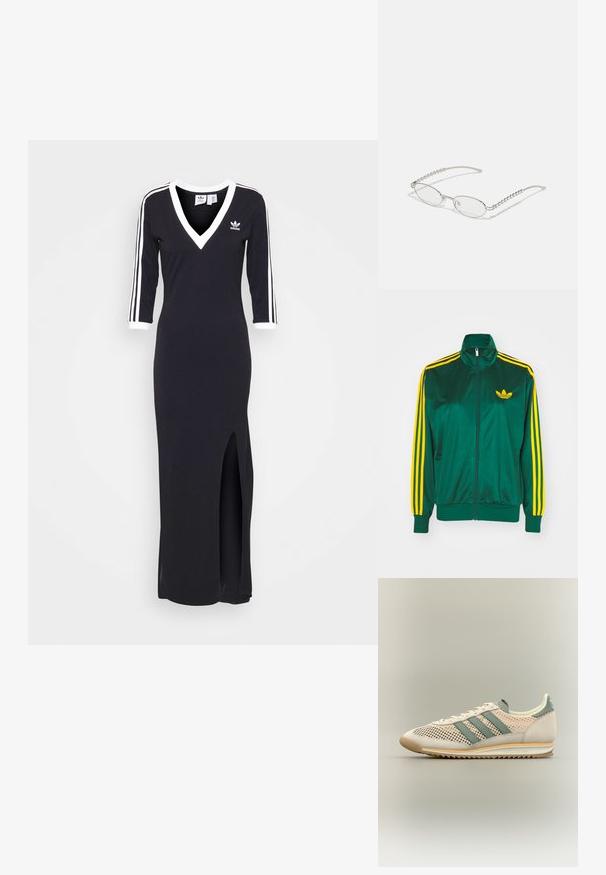 Chaqueta de pista satinada verde, con cremallera en la parte delantera, alto cuello, diseño de tres rayas amarillas en las mangas y un pequeño logo amarillo en el pecho.; Vestido negro de manga larga con escote en V, franjas blancas a lo largo de las mangas y una apertura lateral. Hecho de tela suave, presenta un pequeño logo en el pecho.; Zapatilla beige de perfil bajo con rayas verdes, parte superior de malla, detalles de ante y suela de goma estriada mostrada de perfil.; Gafas ovaladas con un marco metálico plateado, lentes transparentes y acentos de templos con textura de cuentas. Diseño ligero con brazos curvados.