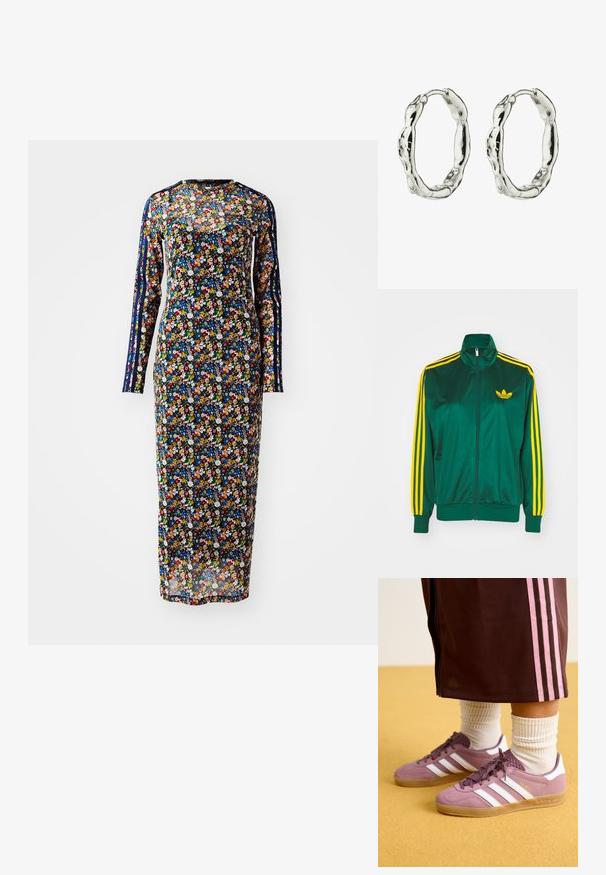 Veste de survêtement en satin vert, fermeture éclair devant, col haut, design à trois rayures jaunes sur les manches, et un petit logo jaune sur la poitrine.; Robe à manches longues en tissu transparent avec un fond marine, arborant des motifs floraux colorés et des rayures latérales de teintes variées.; Baskets en suède violette avec des rayures blanches, semelle en caoutchouc et accents texturés, accompagnées de chaussettes blanches côtelées et d'un pantalon de survêtement marron avec des rayures roses.; Boucles d'oreilles en argent en forme de créole, présentant un design texturé et organique avec une forme légèrement irrégulière, offrant une apparence naturelle et artisanale.