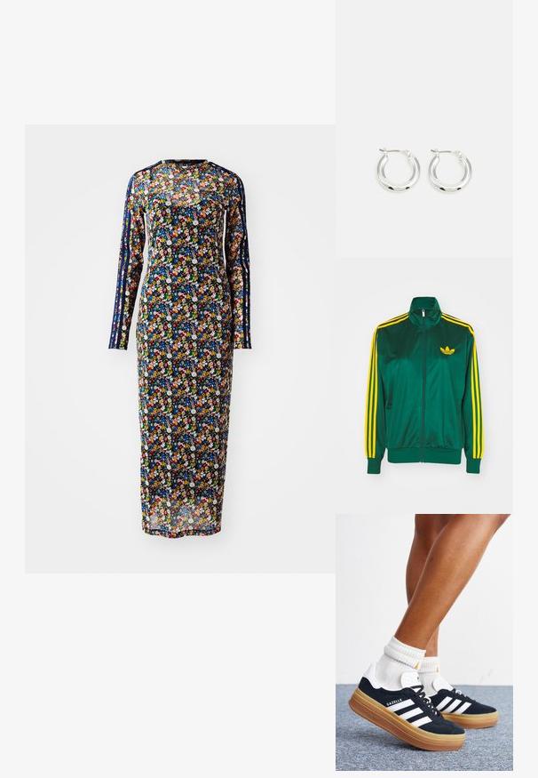 Chaqueta de pista satinada verde, con cremallera en la parte delantera, alto cuello, diseño de tres rayas amarillas en las mangas y un pequeño logo amarillo en el pecho.; Vestido floral de manga larga en tela transparente con fondo azul marino, que presenta patrones de flores coloridas y franjas laterales en diferentes tonos.; Piernas con calcetines blancos y zapatillas Adidas Gazelle negras con rayas blancas y suelas marrones gruesas sobre un suelo alfombrado gris.; Pendientes de aro de plata con un acabado pulido, que presentan una forma circular y un cierre de gancho. Textura suave con detalles mínimos.