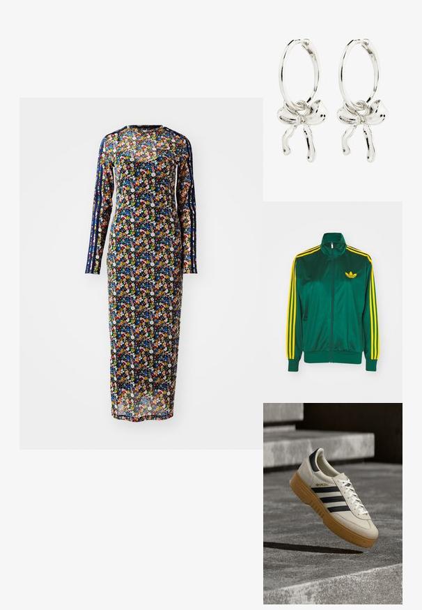Chaqueta de pista satinada verde, con cremallera en la parte delantera, alto cuello, diseño de tres rayas amarillas en las mangas y un pequeño logo amarillo en el pecho.; Vestido floral de manga larga en tela transparente con fondo azul marino, que presenta patrones de flores coloridas y franjas laterales en diferentes tonos.; Zapatilla deportiva de ante beige con rayas negras, cordones blancos y suela de goma color caramelo. Presenta la marca "SPEZIAL" en el lateral.; Pendientes de aro de plata con un detalle de lazo en el centro, que exhiben un acabado pulido y una textura suave.