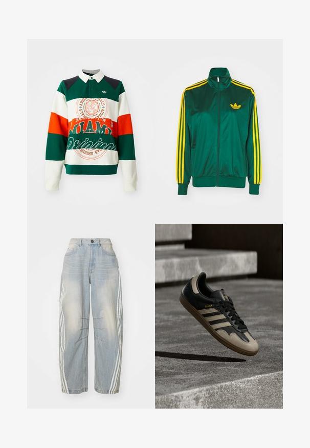 Grøn satin trackjakke, lynlåsfortil, høj krave, gul tre-stripes design på ærmerne og et lille gult logo på brystet.; Grøn, hvid og orange stribet sweatshirt med krave. Har et University of Miami-logo og tekst samt et Adidas trefoil-emblem.; Lyseblå denimjeans med løs pasform, der har hvide striber ned langs siderne, slidte detaljer og knaplukning i taljen.; Sort og beige lædersneaker med tre hvide striber, tanfarvet gummisål og gyldent "Samba"-detalje på siden.