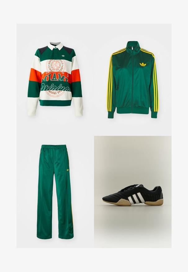 Groene satijnen trainingsjack, met rits aan de voorkant, hoge kraag, gele drie-strepen design op de mouwen en een klein geel logo op de borst.; Groene, witte en oranje gestreepte sweatshirt met een kraag. Bevat een logo en tekst van de Universiteit van Miami, en een Adidas trefoil-embleem.; Groene satijnen sportbroek met een relaxte pasvorm, voorzien van gele streepaccenten en een geborduurd logo aan de linkerzijde. Elastische tailleband.; Zwart sportief schoen met witte strepen en beige getextureerde zool op een neutrale achtergrond, weergegeven in zijprofiel.