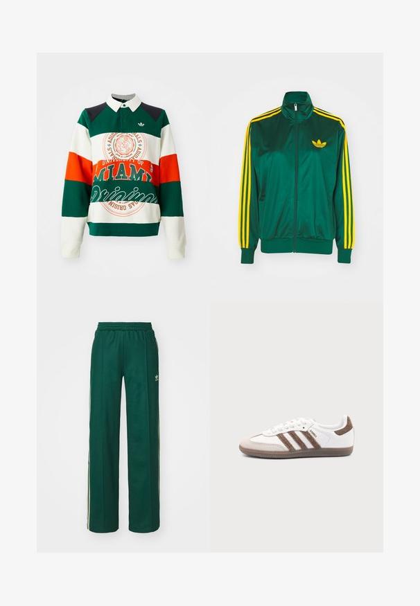 Grøn satin trackjakke, lynlåsfortil, høj krave, gul tre-stripes design på ærmerne og et lille gult logo på brystet.; Grøn, hvid og orange stribet sweatshirt med krave. Har et University of Miami-logo og tekst samt et Adidas trefoil-emblem.; Mørkegrønne træningsbukser med en afslappet pasform, der har snor i taljen, sidelommer og cremefarvede striber langs siderne.; Hvid Adidas Samba sneaker med brune ruskindstriber, brun gummisål og beige ruskindståhætte, vist fra ydersiden på en ensfarvet baggrund.