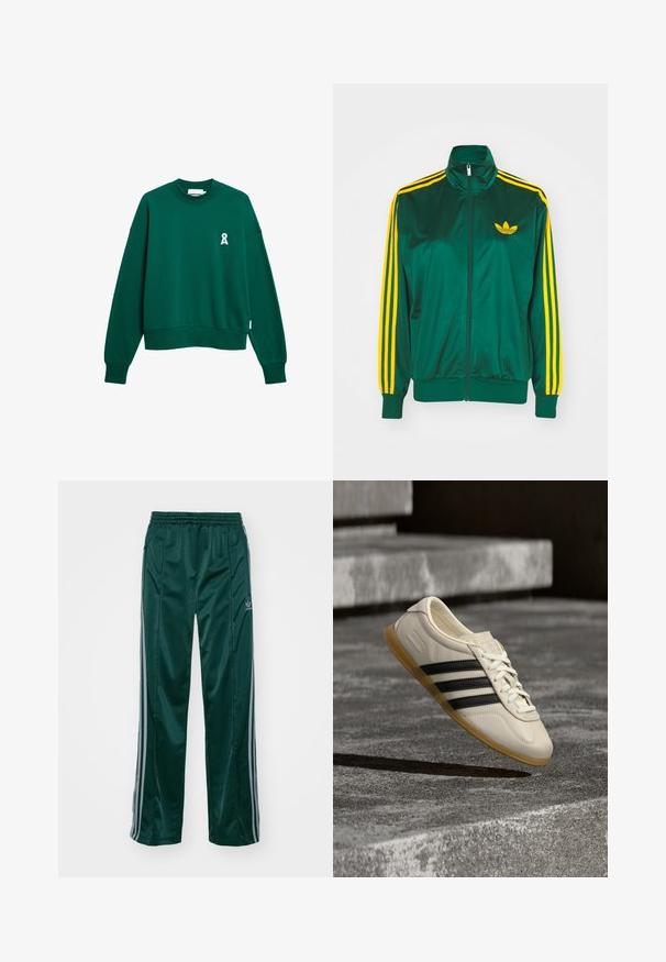 Grüne Satin-Trainingsjacke, mit Reißverschluss vorne, hohem Kragen, gelbem Drei-Streifen-Design an den Ärmeln und kleinem gelben Logo auf der Brust.; Grüner Sweatshirt mit rundem Ausschnitt, fallenden Schultern und gerippten Bündchen. Verfügt über ein kleines weißes Logo auf der linken Brust. Weiches Material.; Dunkelgrüne Sporthosen aus glänzendem Material, mit seitlichen Streifen in Hellgrau und einem gestickten Logo auf dem linken Bein.; Weißer Sneaker mit schwarzen Streifen und Gummisohle schwebt über Betontreppen im sanften Tageslicht.