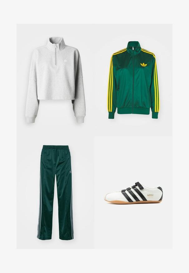 Chaqueta de pista satinada verde, con cremallera en la parte delantera, alto cuello, diseño de tres rayas amarillas en las mangas y un pequeño logo amarillo en el pecho.; Sudadera recortada de color gris claro con cuello alto y media cremallera. Presenta mangas sueltas y un pequeño logo blanco en el pecho. Material de mezcla de algodón.; Pantalones deportivos de color verde oscuro, hechos de un material brillante, con franjas laterales en gris claro y un logotipo bordado en la pierna izquierda.; Zapatilla Adidas Tokyo blanca con rayas negras, correas de velcro negras y suela de goma, vista de lado sobre fondo blanco.