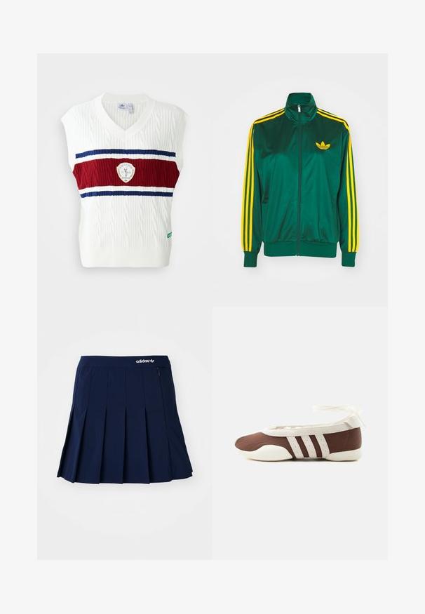 Groene satijnen trainingsjack, met rits aan de voorkant, hoge kraag, gele drie-strepen design op de mouwen en een klein geel logo op de borst.; Witte mouwloze vest met kabelgebreide textuur, voorzien van een rood en blauwe gestreepte band en een cirkelvormig logo. Ribgebreide halslijn en zoom.; Marineblauwe plooienrok van lichtgewicht stof; heeft een elastische tailleband en een klein zipvak, met een wit Adidas-logo op de voorkant.; Bruine en witte ballerinaschoenen met drie witte strepen en een strik om de enkel op een effen lichte achtergrond.