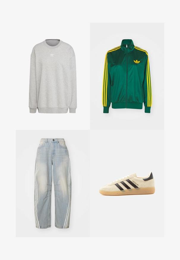 Groene satijnen trainingsjack, met rits aan de voorkant, hoge kraag, gele drie-strepen design op de mouwen en een klein geel logo op de borst.; Grijze sweatshirt van zachte stof, met een ronde hals, lange mouwen, geribbelde manchetten en zoom, voorzien van een klein wit logo aan de voorkant.; Lichtblauwe denim jeans met een losse pasvorm, voorzien van witte strepen aan de zijkanten, verweringdetails en een knoopsluiting in de taille.; Crèmekleurige suède sneaker met zwarte strepen, rubberen zool, zwart hieltabje en gouden "SPEZIAL" tekst aan de zijkant.