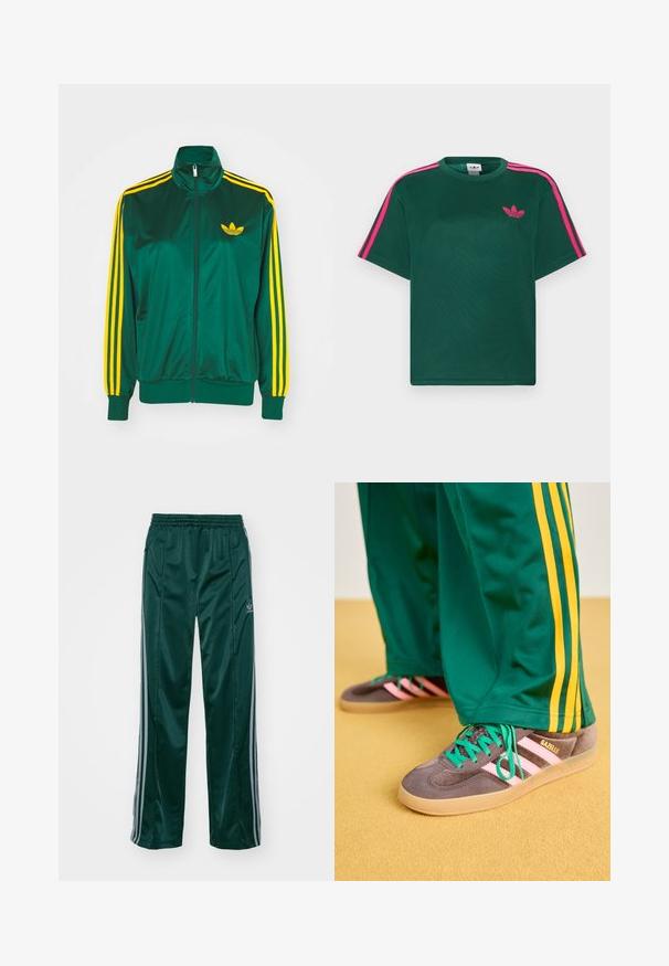 Grüne Satin-Trainingsjacke, mit Reißverschluss vorne, hohem Kragen, gelbem Drei-Streifen-Design an den Ärmeln und kleinem gelben Logo auf der Brust.; Grünes T-Shirt mit kurzen Ärmeln, leuchtend pinken Streifen auf den Schultern und Adidas-Trefoil-Logo auf der Brust.; Dunkelgrüne Sporthosen aus glänzendem Material, mit seitlichen Streifen in Hellgrau und einem gestickten Logo auf dem linken Bein.; Grüne Jogginghosen mit gelben Streifen, kombiniert mit grauen Adidas Gazelle Sneakern mit pinken Streifen und grünen Schnürsenkeln auf einem gelben Boden.