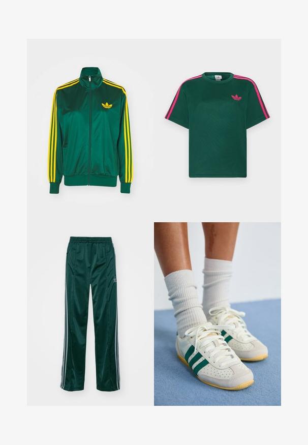 Grøn satin trackjakke, lynlåsfortil, høj krave, gul tre-stripes design på ærmerne og et lille gult logo på brystet.; Grøn kortærmet t-shirt med lyserøde striber på skuldrene og Adidas trefoil-logo på brystet.; Mørkegrønne træningsbukser lavet af skinnende materiale, med sidelister i lys grå og et broderet logo på venstre ben.; Fødder iført hvide sneakers med grønne striber og hvide ribstrikkede sokker, der står på et lyseblåt tæppe.