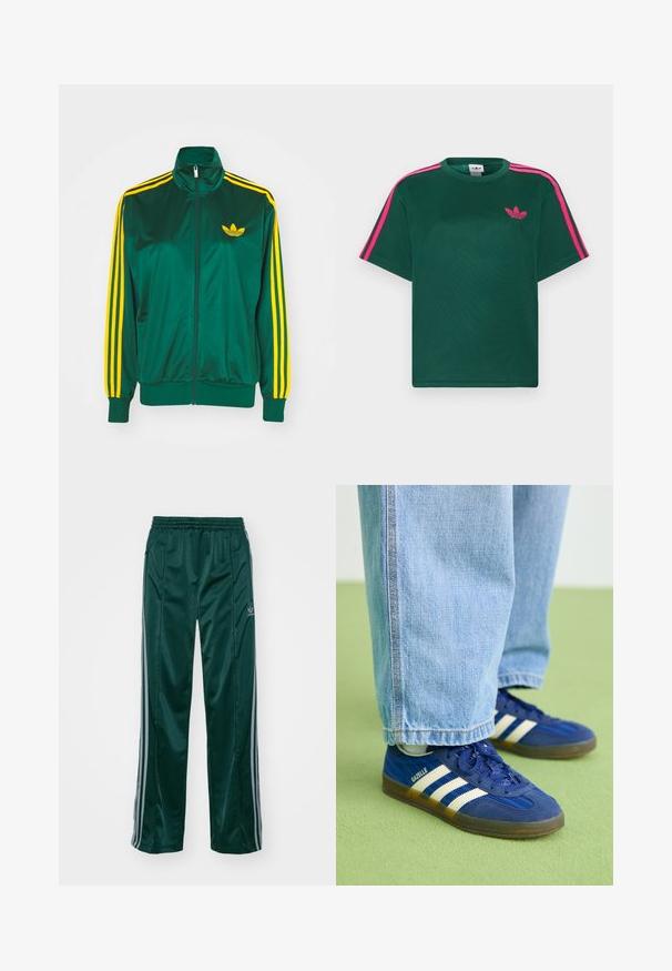 Grøn satin trackjakke, lynlåsfortil, høj krave, gul tre-stripes design på ærmerne og et lille gult logo på brystet.; Grøn kortærmet t-shirt med lyserøde striber på skuldrene og Adidas trefoil-logo på brystet.; Mørkegrønne træningsbukser lavet af skinnende materiale, med sidelister i lys grå og et broderet logo på venstre ben.; Blå ruskindsneakers med hvide striber og teksturerede mønstre, båret med lyseblå denimbukser, sat mod en grøn baggrund.