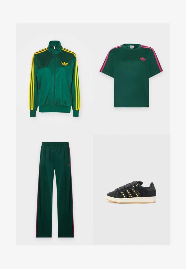 Groene satijnen trainingsjack, met rits aan de voorkant, hoge kraag, gele drie-strepen design op de mouwen en een klein geel logo op de borst.; Groen T-shirt met korte mouwen, helderroze strepen op de schouders en het Adidas trefoil-logo op de borst.; Donkergroene trainingsbroek met roze zijstrepen, zakken met rits, elastische tailleband en klein roze Adidas-logo aan de rechterkant.; adidas Originals CAMPUS 00S W - Sneakers laag - core black/carbon/gold-coloured
